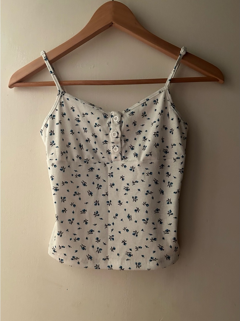 2/$10 White Floral Ribbed Tank Top with Blue Print